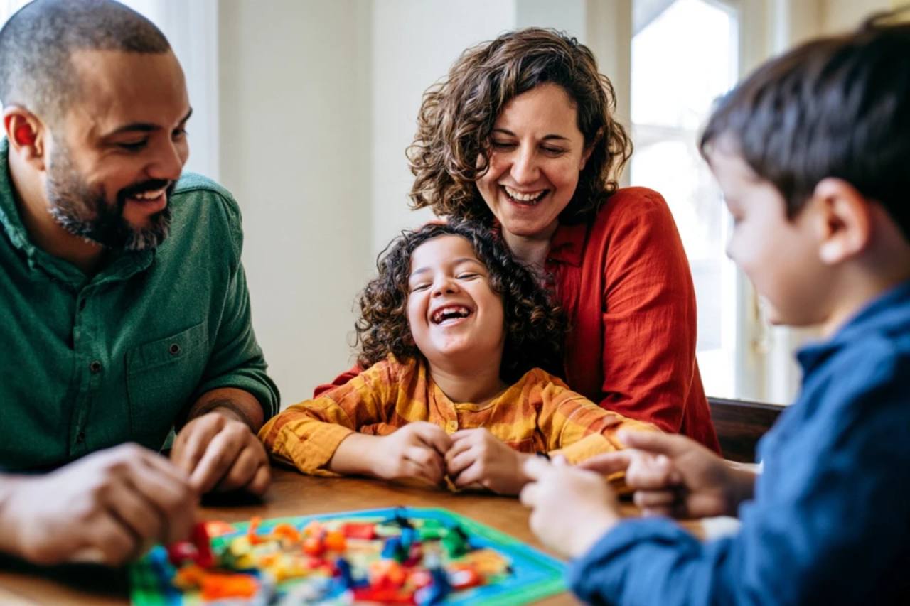 A family laughing together around a board game