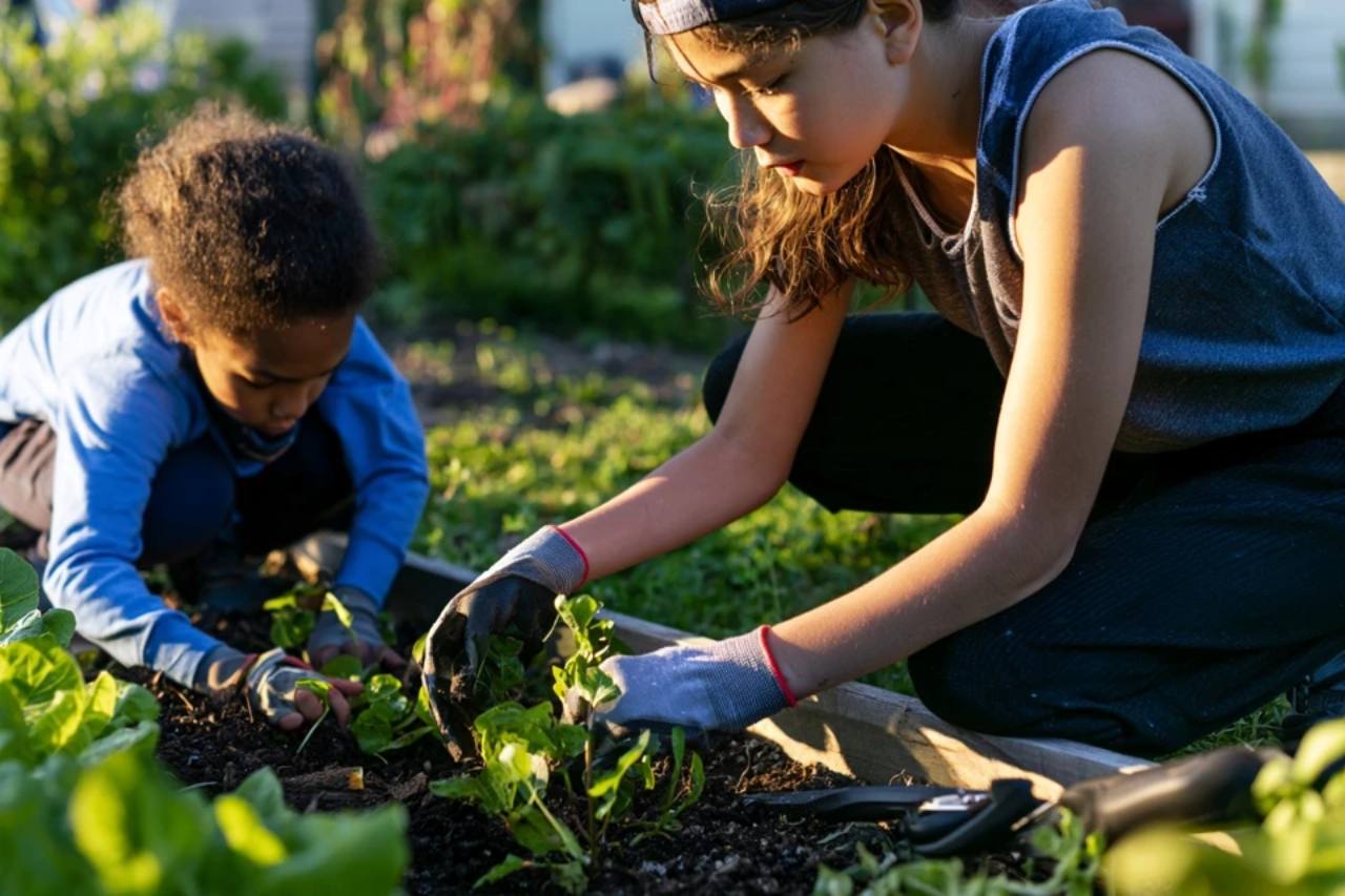 Two children tending plants together in a garden