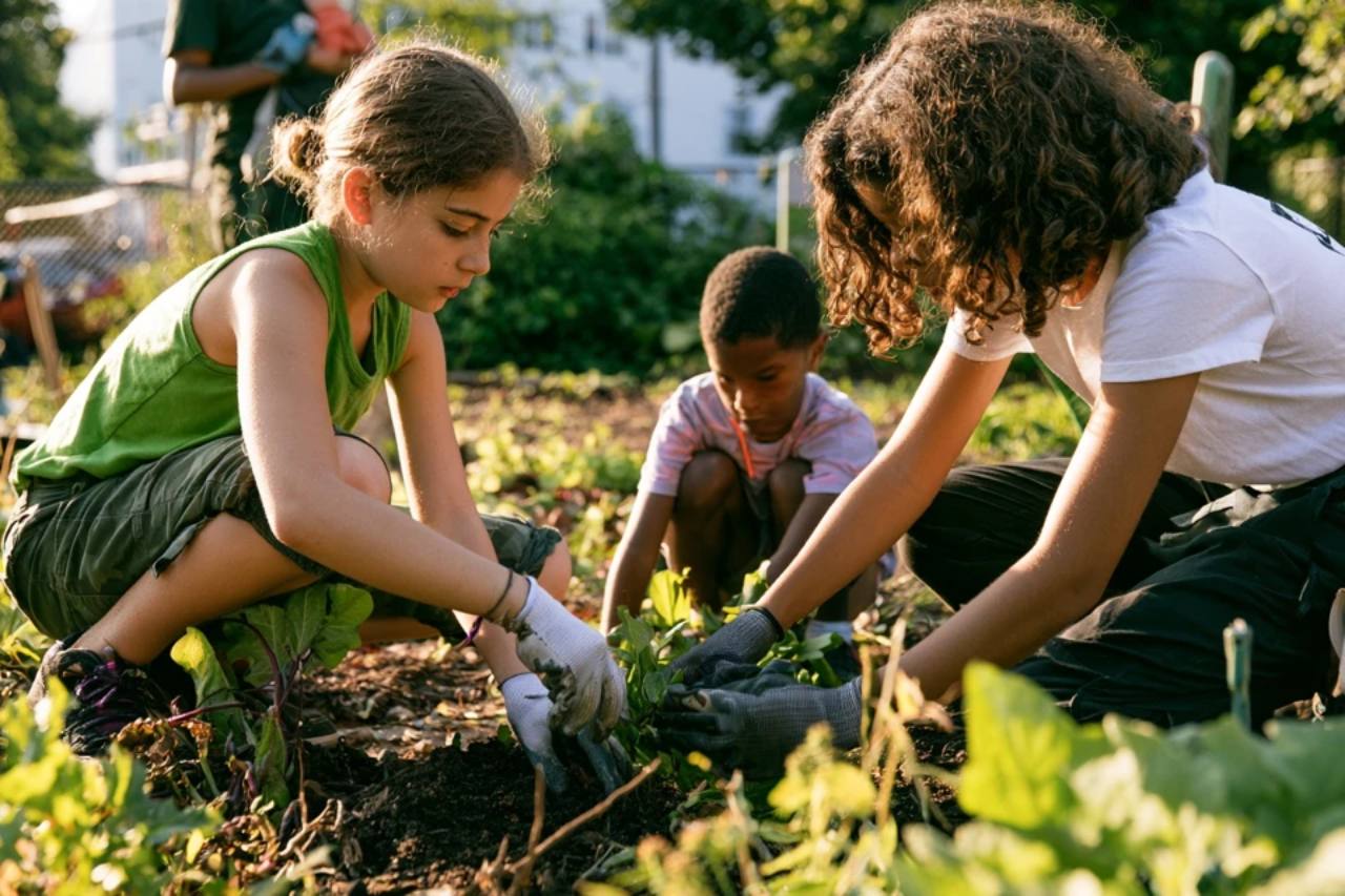 Children working together in a garden